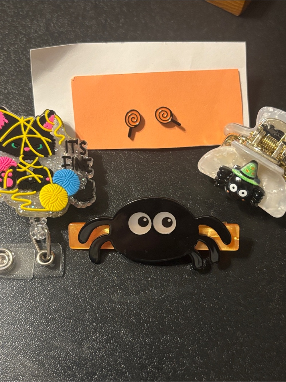 Halloween Spider Hair Accessories, Halloween Candy Earrings, Cat badge reel